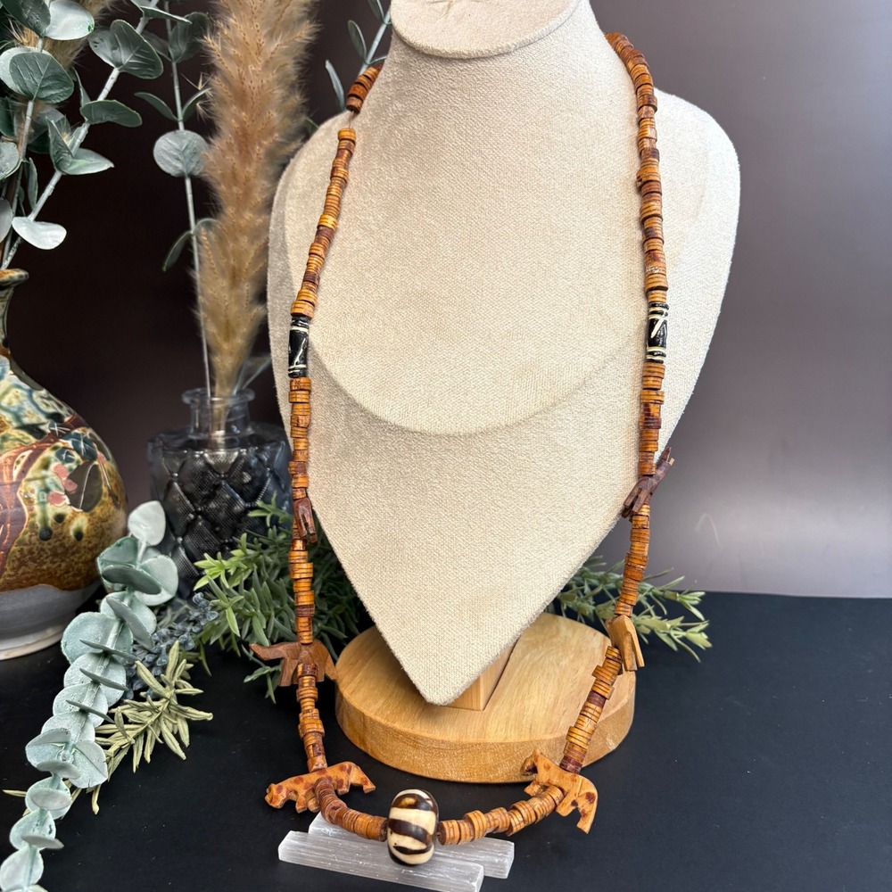 Vintage Wood Bead Necklace | Safari Animal Pendant 30" | Tribal Boho‎